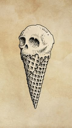 an ice cream cone with a skull on it's side, in black ink