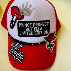 Custom Made Red & White Trucker Hat With I’m Not Perfect But I’m A Limited Edition And A Lil Bougie Patch Red Trucker Hat Baseball Cap For Spring, Customized Hats, Retro Trucker Hat, Red Baseball Cap Trucker Hat For Spring, Red Trucker Hat For Spring, Trendy Red Trucker Hat For Summer, Trendy Red Baseball Cap, Trucker Hat Inspo Patches, Hats With Patches