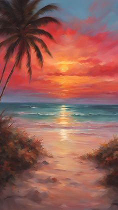 an oil painting of a sunset on the beach with palm trees in the foreground