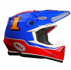 the helmet is blue, red and white