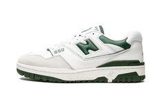 White/green leather/rubber 550 low-top sneakers from NEW BALANCE featuring logo patch to the side, logo print to the rear, perforated detailing, contrasting panel detail, round toe, front lace-up fastening, logo patch at the tongue, branded insole and rubber sole.  These styles are supplied by a premium sneaker marketplace.  Stocking only the most sought-after footwear, they source and curate some of the most hard to find sneakers from around the world. . New Balance 550 Shoes, New Balance 550 White Green, Green New Balance, New Balance 550 White, Adidas Sl 72, Zapatillas New Balance, Green Color Schemes, Adidas Spezial, Logo New