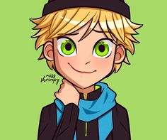 a drawing of a boy with blonde hair and green eyes wearing a beanie hat