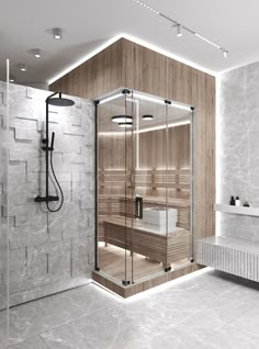 a bathroom with a walk in shower next to a sink and a bathtub on the wall