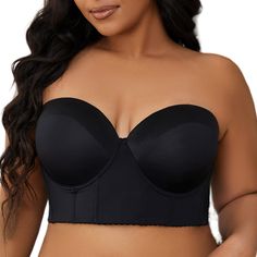 PRICES MAY VARY. Note: It's standard US size, please check our size chart for better fit Longline strapless Bra features long underband and supportive soft bone creates smoothing effect Detachable straps, Light Padding, Five rows Seven Hook & Eye (34C,34D,34DD,36C,36D,38B,38C used Five rows Six Hook & Eye) Suitable for daily use, posture improving, upper body shaping or a sexy outwear top with jeans or pants Non-slip at all: Anti-slip Skin-friendly wings and silicone strip fixed at the top to ke Best Strapless Bra, Comfy Bra, Corset Bra, Back Fat, Strapless Corset, Bra Brands, Short Torso, Everyday Bra, Strapless Bra