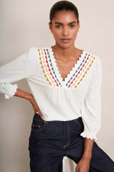 Lizzie Ric Rac Top - White/Multi Ss25 Trends, Wyse London, 2024 Clothes, Wardrobe Colour, Frill Shirt, Clothing Upcycle, Sewing Details, Poplin Blouse, Festival Theme