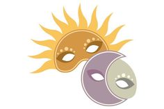 two masks with yellow and purple faces on them, one has a sunflower in the middle