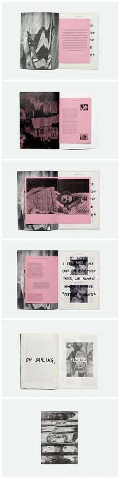 an assortment of different types of papers with black and white images on them, all in pink