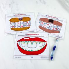 three children's coloring pages with toothbrush on the table next to each other