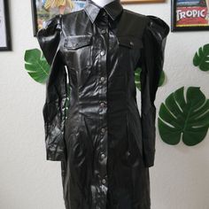 Selling This Brand New Never Worn Black Faux Leather Mini Dress. Features Front Buttons And Puff Long Sleeves. Item Has No Stretch. Black One Piece Dress, Black Lace Up Dress, Dark Green Shirt, Drop Shoulder Coat, Faux Leather Mini Dress, Peekaboo Dress, Long Black Sweater, Buffalo Plaid Dress, Green Shirt Dress