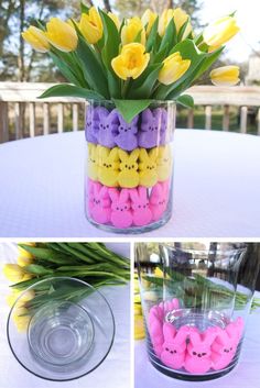 four different pictures of flowers in vases with peeps on them