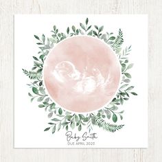 the birth announcement card features an image of a pink moon and green leaves