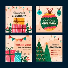 four christmas cards with presents on them and the words giveaway written in different languages