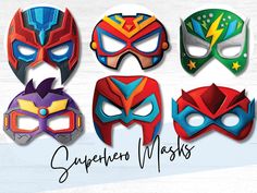 four masks with different designs on them and the words super hero masks written below it