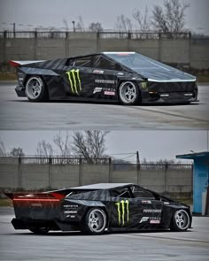 two pictures of a car with monster logo on the front and back, in different angles