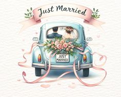 a bride and groom kissing in the back of an old blue car with pink flowers