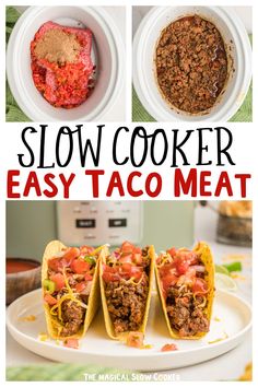 slow cooker easy taco meat recipe on a white plate with text overlay