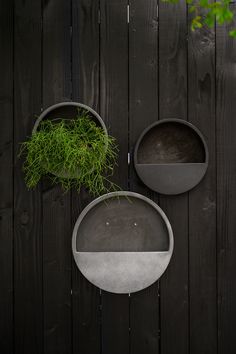 two round metal planters on a wooden fence next to a potted green plant