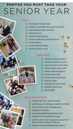 a blue poster with photos on it and the words, photo you must take your senior year