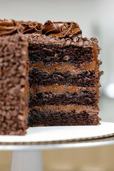 a piece of chocolate cake on a plate with one slice missing from the rest of the cake