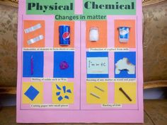 a pink poster with different types of items on it and the words physical chemical changes in matter