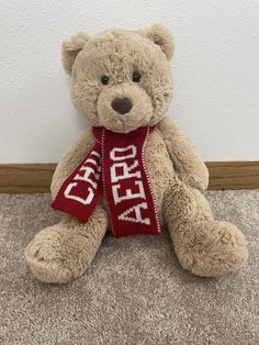 a teddy bear with a red scarf around it's neck sitting on the floor