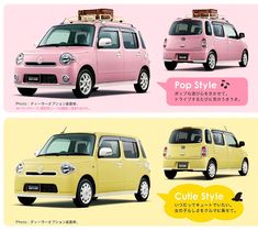 two small cars with luggage on the top and bottom, side by side in different colors