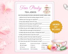 a tea party question card with pink flowers