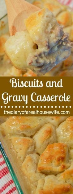 a casserole dish with biscuits and gravy in it on a wooden spoon