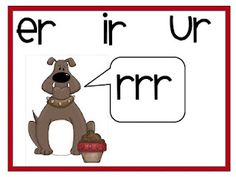 a red and white sign that says er ir ur rrr with a dog holding a potted plant