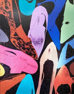 an abstract painting with colorful shoes on it