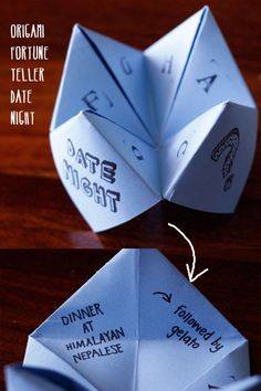 an origami fortune teller with date night written on it and the instructions below