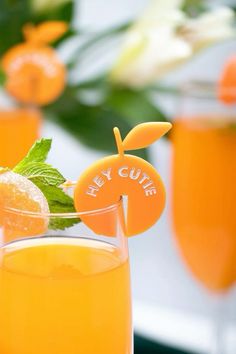 two glasses filled with orange juice and garnished with mint