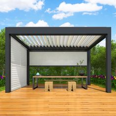 an outdoor patio with a table and bench under a pergolated roof, surrounded by flowers