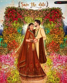 a painting of a man and woman standing in front of flowers with the words save the date