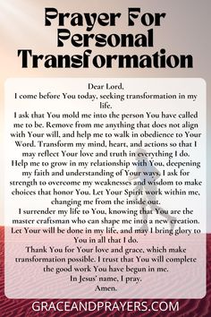 a prayer card with the words prayer for personal transformation in black and white text