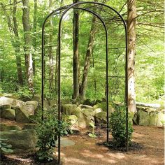 an arch in the middle of a forest filled with rocks and trees, surrounded by green foliage