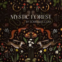 the cover to mystic forest by scribbles com, featuring two rabbits surrounded by flowers and plants