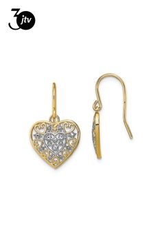 14K Two-tone Gold polished filigree hearts dangle earrings. Measure approximately 13/16"L x 1/2"W and have french wire closure. Elegant Filigree Heart Earrings, Elegant Heart Filigree Earrings, Heart Dangle Earrings, French Wire, Gold Polish, Two Tone, Dangle Earrings, Gold