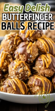 a white bowl filled with chocolate covered balls and drizzled with caramel