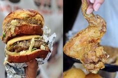 two pictures side by side, one with fried chicken and the other with burgers