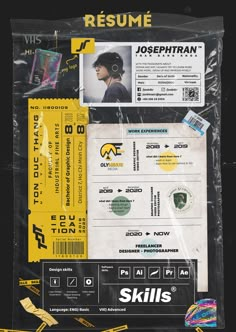 an image of a person's resume on a plastic bag with yellow and black stickers