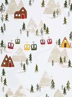 a tea towel with skiers and houses in the woods on white cotton, designed to look like mountains