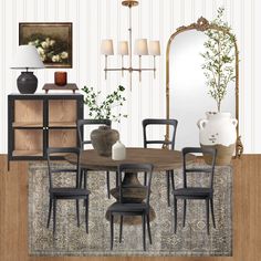 a dining room table and chairs in front of a mirror with vases on it