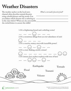 Third Grade Vocabulary Earth & Space Science Worksheets: Master of Disaster Vocabulary Natural Disasters Lessons, Weather Worksheets, Earth Space, Science Skills, Honeymoon Places, Earth And Space Science, Natural Disaster, Vocabulary Worksheets, Science Worksheets