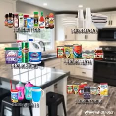 a kitchen with lots of food on the counter and in front of it is an advertisement for cleaning products