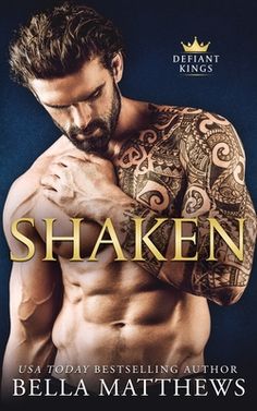 the cover to shaken by bella mathews, with an image of a tattooed man