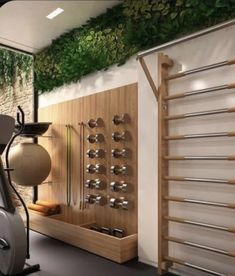 an exercise room with treadmills and plants on the wall