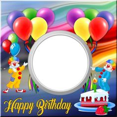 a birthday card with clowns and balloons in the background, an empty space for your text