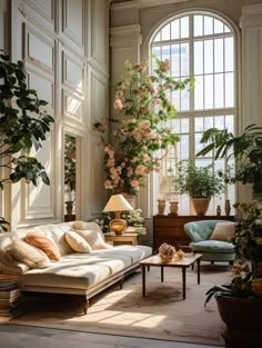 a living room filled with furniture and lots of plants in the windows sills