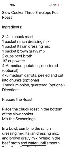 the instructions for how to make slow cooker three envelope pot roasts